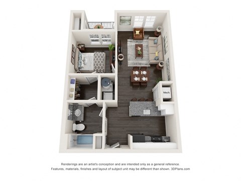 Floor plan for 1 bed, 1 bath, 656 sqft
